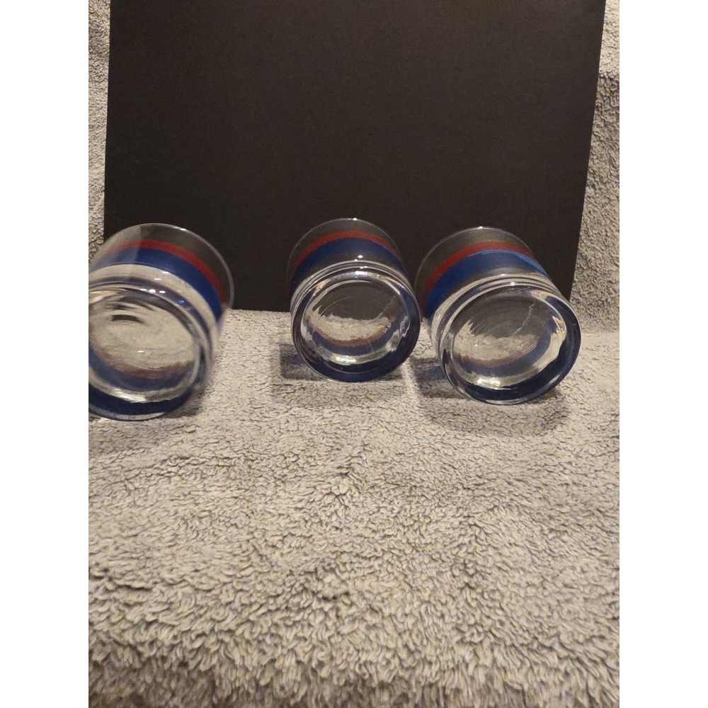 VINTAGE 1988 ANCHOR HOCKING WHISKEY GLASSES 3.5" Gold Red Blue Set Of 3 - Picture 5 of 5